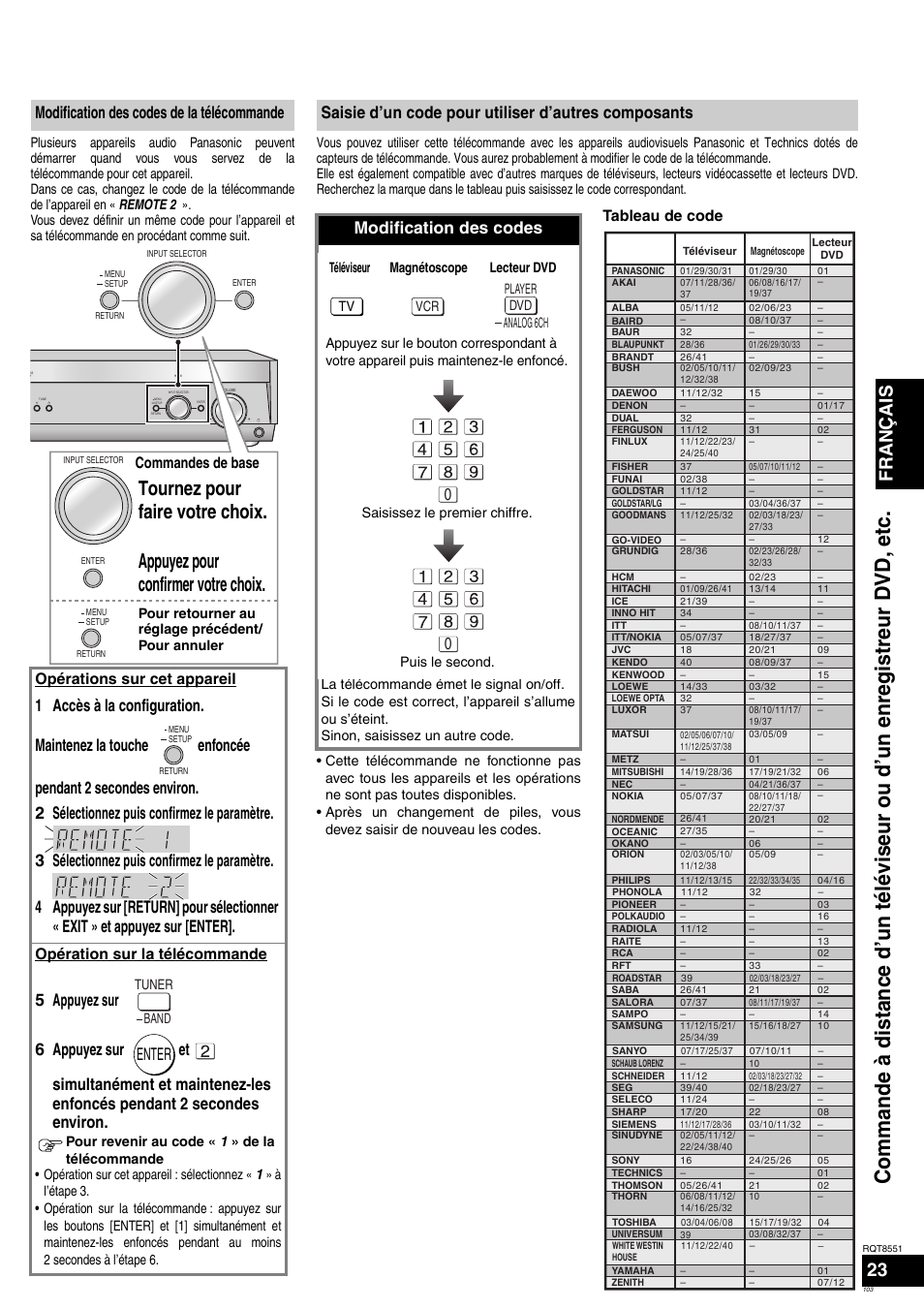 Français, Modification des codes de la télécommande, Enter | Modification des codes, Saisie d’un code pour utiliser d’autres composants, Commandes de base, Opérations sur cet appareil, Opération sur la télécommande, Tableau de code | Panasonic SAXR57 User Manual | Page 103 / 120