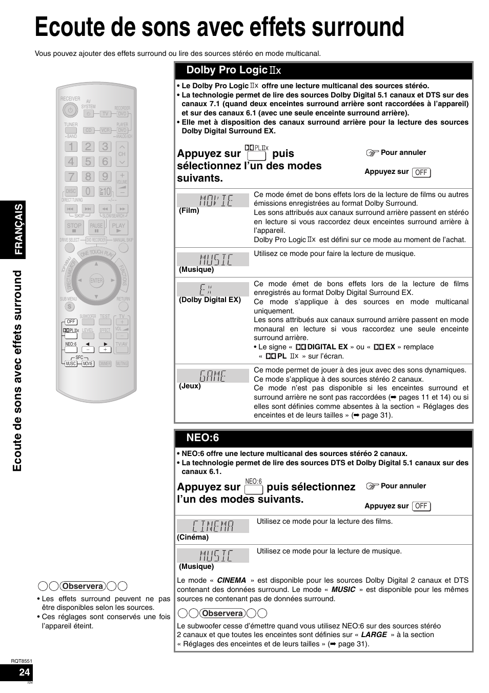 Ecoute de sons avec effets surround, Ecoute de sons avec effe ts su rr o und, Dolby pro logic | Neo:6, Français | Panasonic SAXR57 User Manual | Page 104 / 120