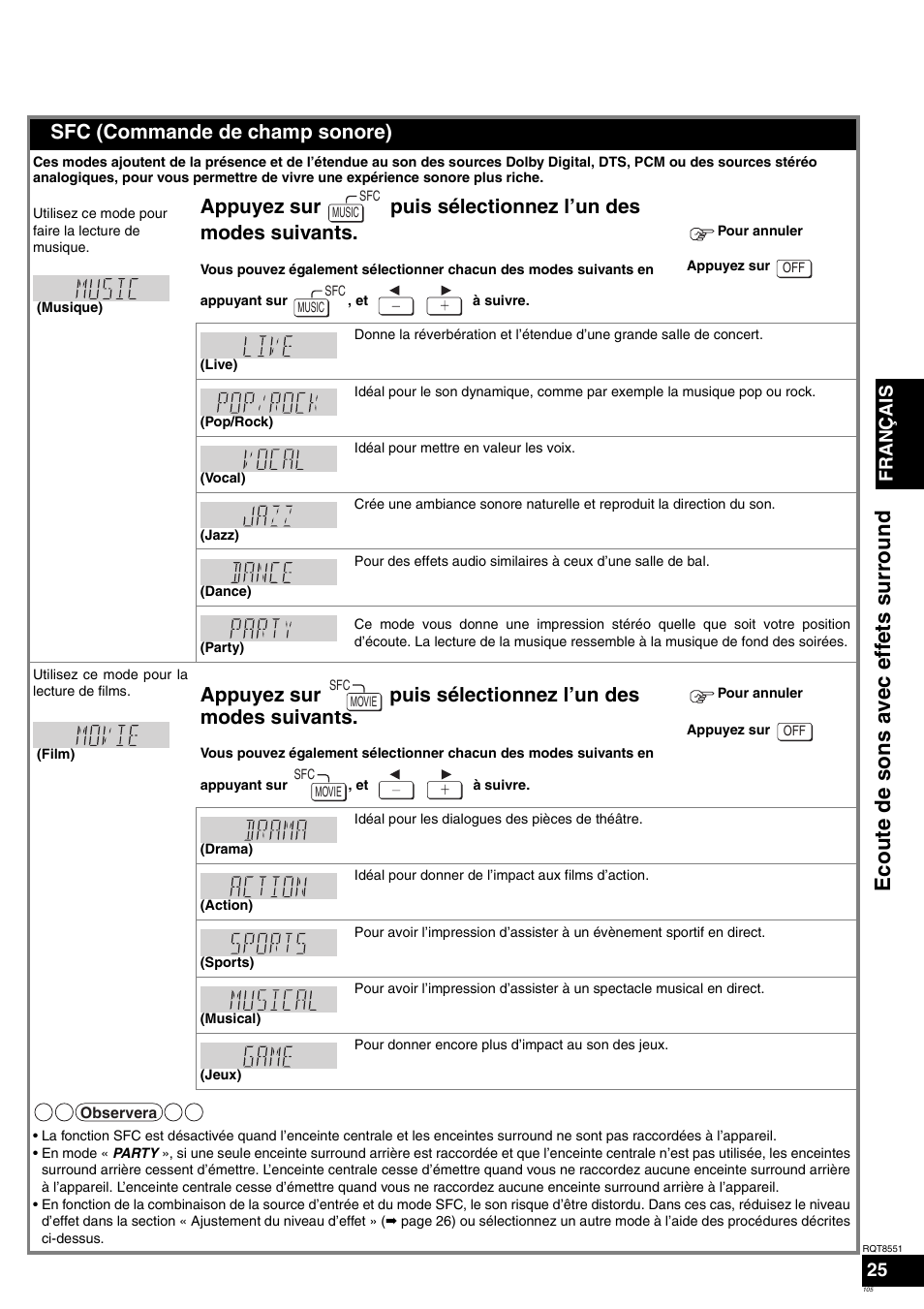 Ecoute de sons avec effe ts su rr o und, Sfc (commande de champ sonore), Français | Panasonic SAXR57 User Manual | Page 105 / 120