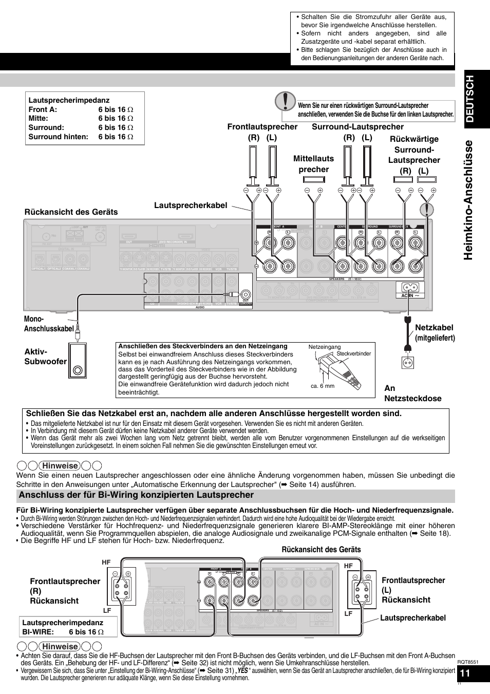 Hei m ki n o -anschl ü ss e, Deutsch, Hinweise | Lautsprecherkabel, Lautsprecherimpedanz bi-wire: 6 bis 16 ω, Hf lf lf | Panasonic SAXR57 User Manual | Page 11 / 120