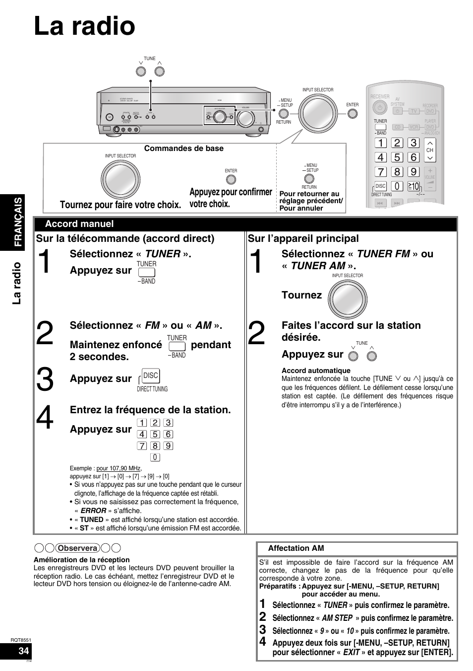 La radio, La r ad io, Sélectionnez « tuner ». appuyez sur | Sélectionnez « tuner fm » ou « tuner am ». tournez, Appuyez sur, Entrez la fréquence de la station. appuyez sur, Français, Accord manuel | Panasonic SAXR57 User Manual | Page 114 / 120