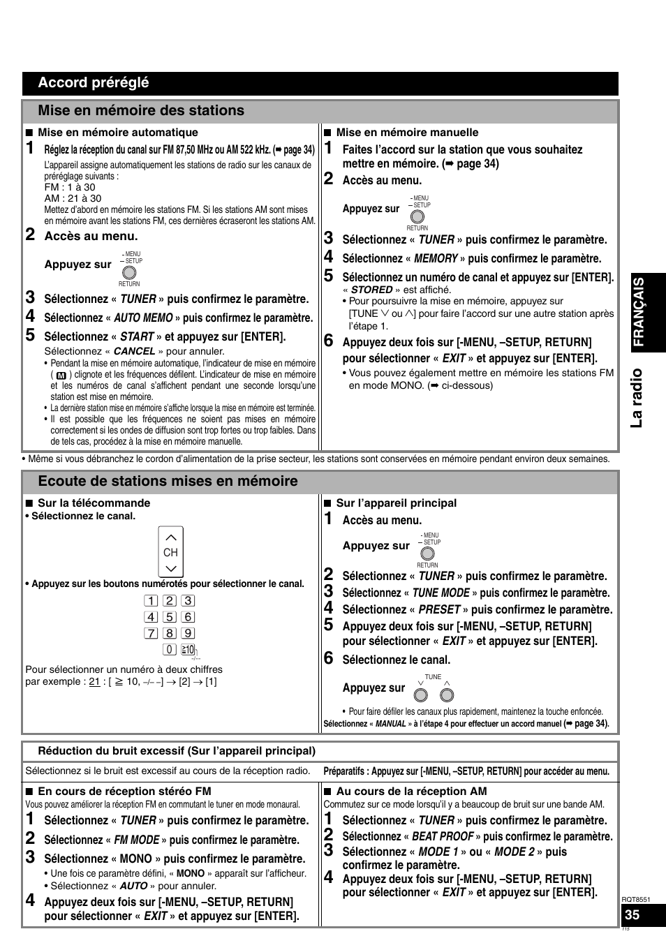 La r ad io, Accord préréglé mise en mémoire des stations, Ecoute de stations mises en mémoire | Panasonic SAXR57 User Manual | Page 115 / 120