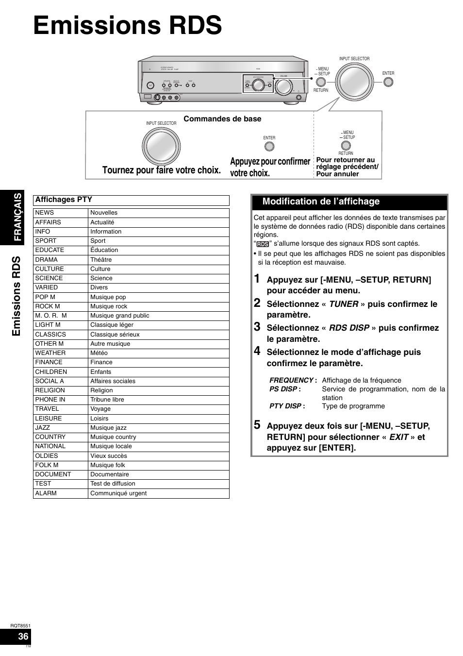 Emissions rds, Français, Modification de l’affichage | Sélectionnez « tuner » puis confirmez le paramètre | Panasonic SAXR57 User Manual | Page 116 / 120