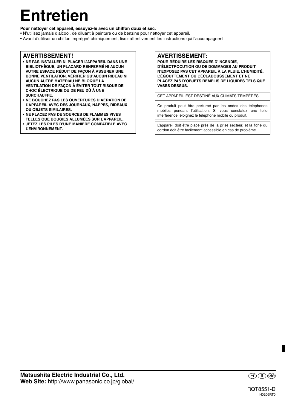 Entretien, Avertissement | Panasonic SAXR57 User Manual | Page 120 / 120