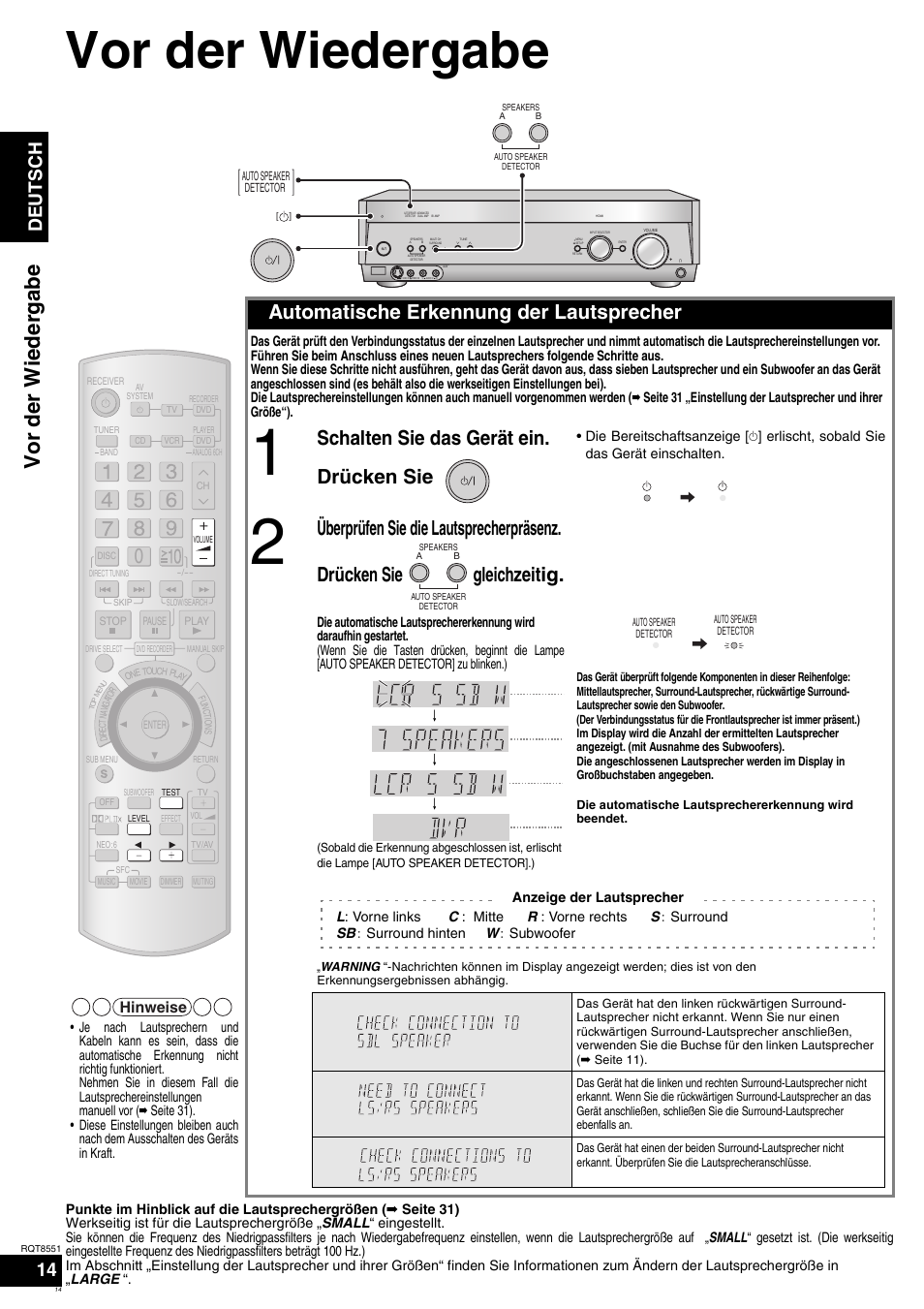 Vor der wiedergabe, Vo r d er wieder gabe, Automatische erkennung der lautsprecher | Schalten sie das gerät ein. drücken sie, Deutsch, Hinweise | Panasonic SAXR57 User Manual | Page 14 / 120