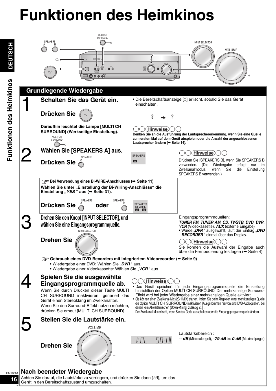 Funktionen des heimkinos, Funktion en des h ei m ki nos, Grundlegende wiedergabe | Schalten sie das gerät ein. drücken sie, Wählen sie [speakers a] aus. drücken sie, Drücken sie oder, Stellen sie die lautstärke ein. drehen sie, Nach beendeter wiedergabe, Deutsch | Panasonic SAXR57 User Manual | Page 16 / 120