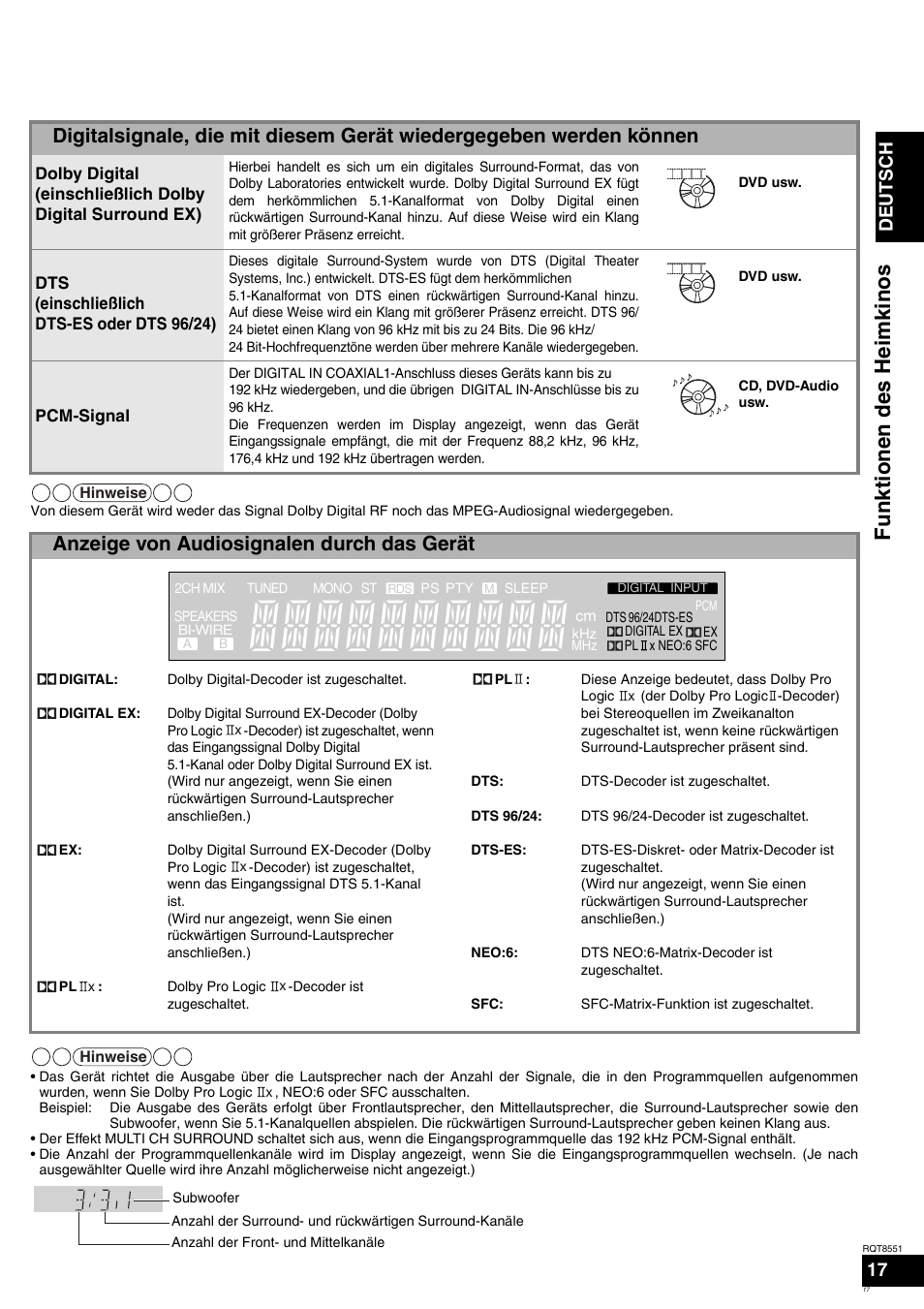 Funktion en des h ei m ki nos, Anzeige von audiosignalen durch das gerät, Deutsch | Panasonic SAXR57 User Manual | Page 17 / 120