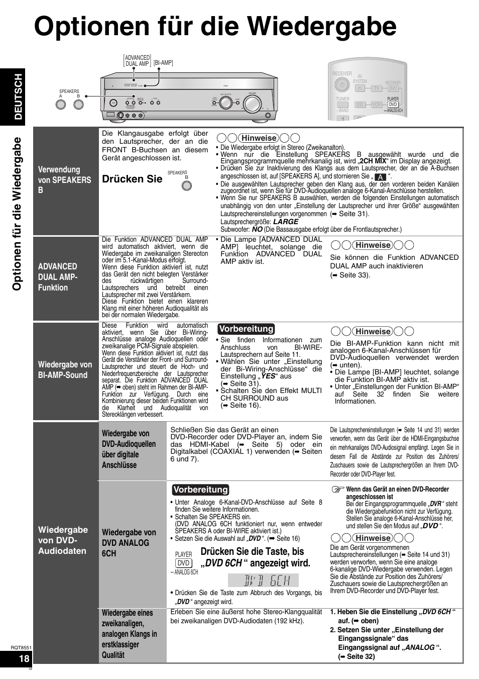 Optionen für die wiedergabe, Opti o n en fü r d ie wieder gabe, Drücken sie | Deutsch, Verwendung von speakers b, Advanced dual amp- funktion, Wiedergabe von bi-amp-sound, Wiedergabe von dvd analog 6ch, Vorbereitung | Panasonic SAXR57 User Manual | Page 18 / 120