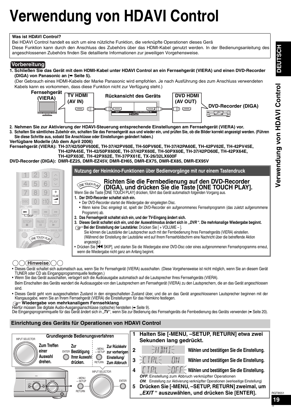 Verwendung von hdavi control, Verw end ung von h davi contro l, Deutsch | Vorbereitung | Panasonic SAXR57 User Manual | Page 19 / 120