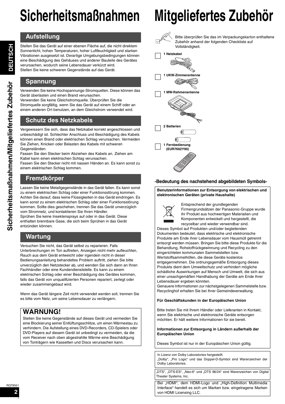 Sicherheitsmaßnahmen, Mitgeliefertes zubehör, Warnung | Panasonic SAXR57 User Manual | Page 2 / 120