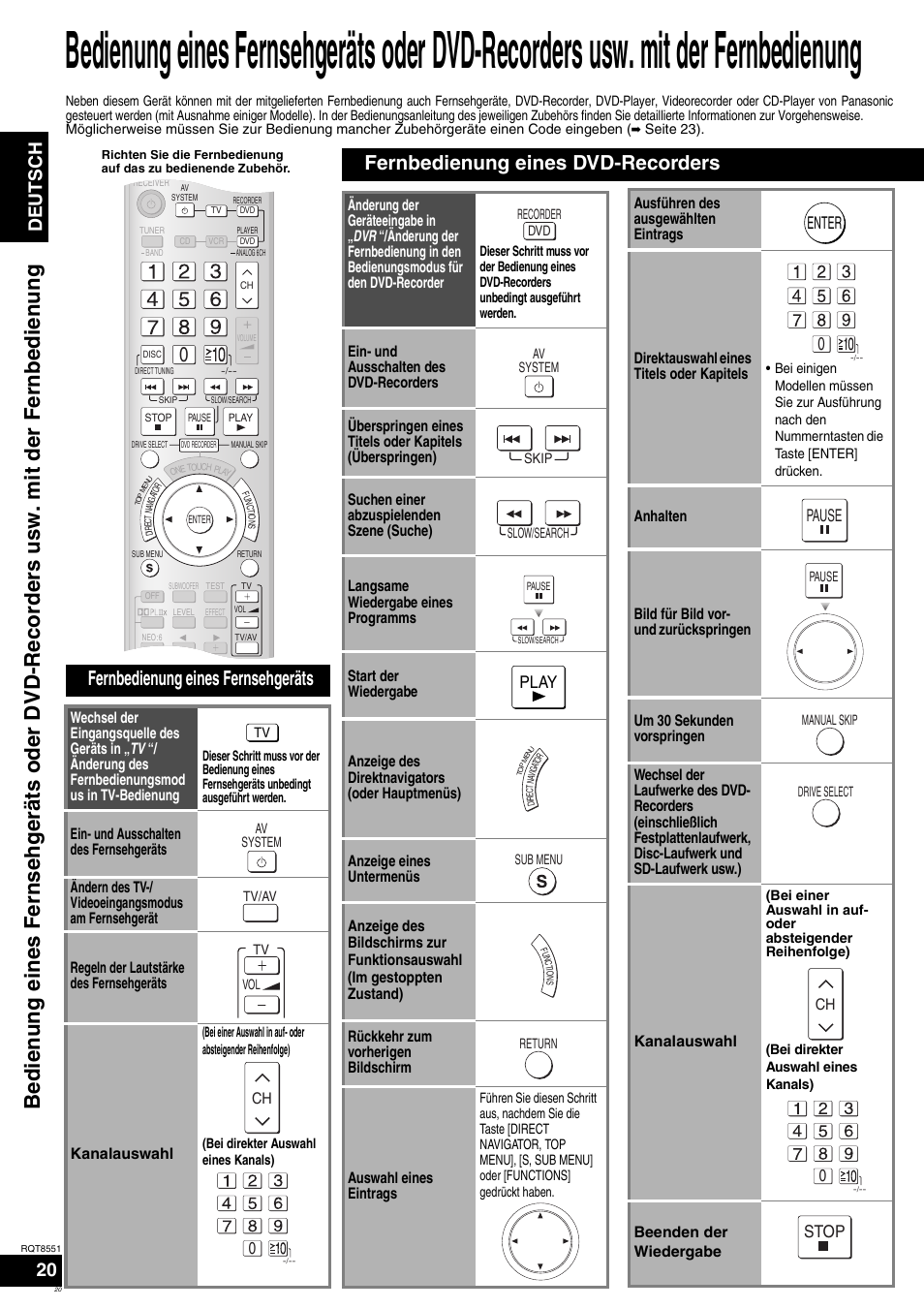 Fernbedienung eines fernsehgeräts, Fernbedienung eines dvd-recorders, Deutsch | Panasonic SAXR57 User Manual | Page 20 / 120