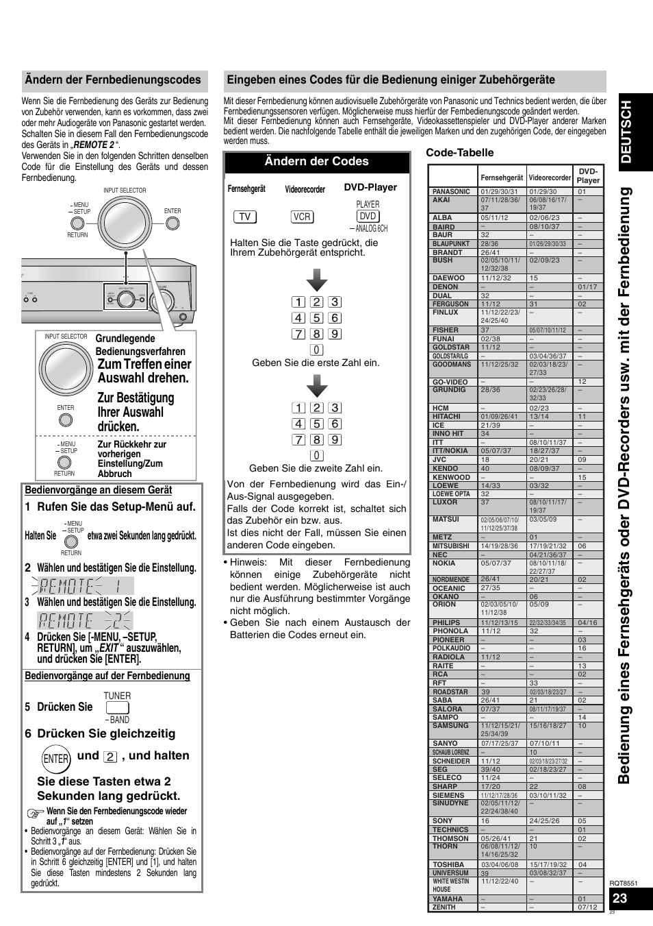 Vor de r inbetri ebna h, Deutsch, Ändern der fernbedienungscodes | Enter, Ändern der codes, Grundlegende bedienungsverfahren, Bedienvorgänge an diesem gerät, Bedienvorgänge auf der fernbedienung, Code-tabelle | Panasonic SAXR57 User Manual | Page 23 / 120