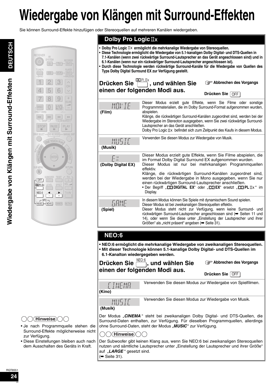 Wiedergabe von klängen mit surround-effekten, Wiederg abe von kläng en m it su rro und-effe kten, Dolby pro logic | Neo:6, Deutsch | Panasonic SAXR57 User Manual | Page 24 / 120