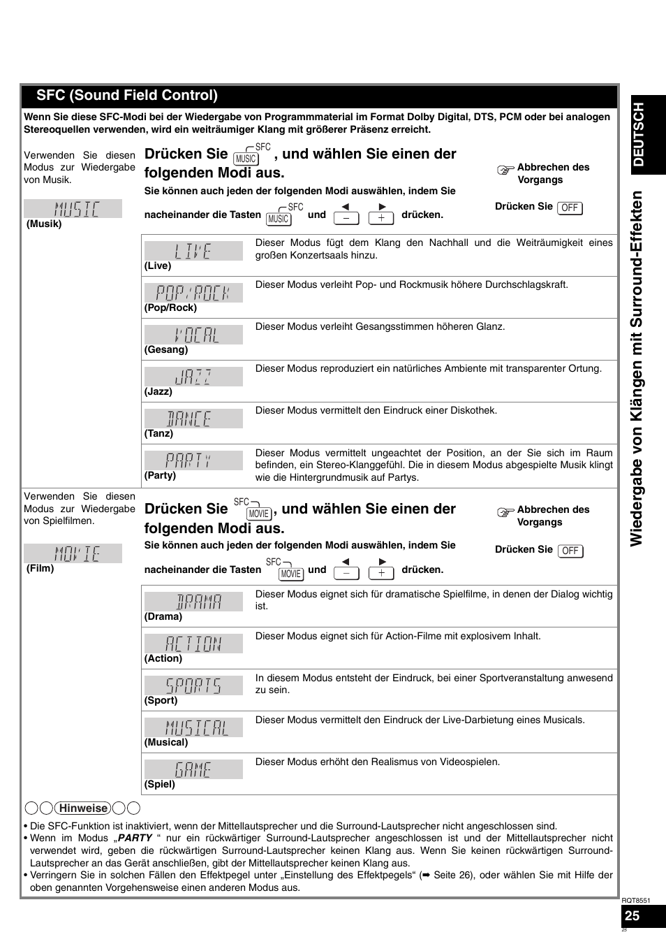 Wiederg abe von kläng en m it su rro und-effe kten, Sfc (sound field control) | Panasonic SAXR57 User Manual | Page 25 / 120