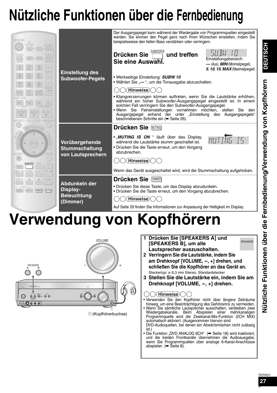 Drücken sie und treffen sie eine auswahl, Drücken sie, Vor de r inbetri ebna h | Deutsch, Einstellung des subwoofer-pegels, Vorübergehende stummschaltung von lautsprechern, Abdunkeln der display- beleuchtung (dimmer) | Panasonic SAXR57 User Manual | Page 27 / 120
