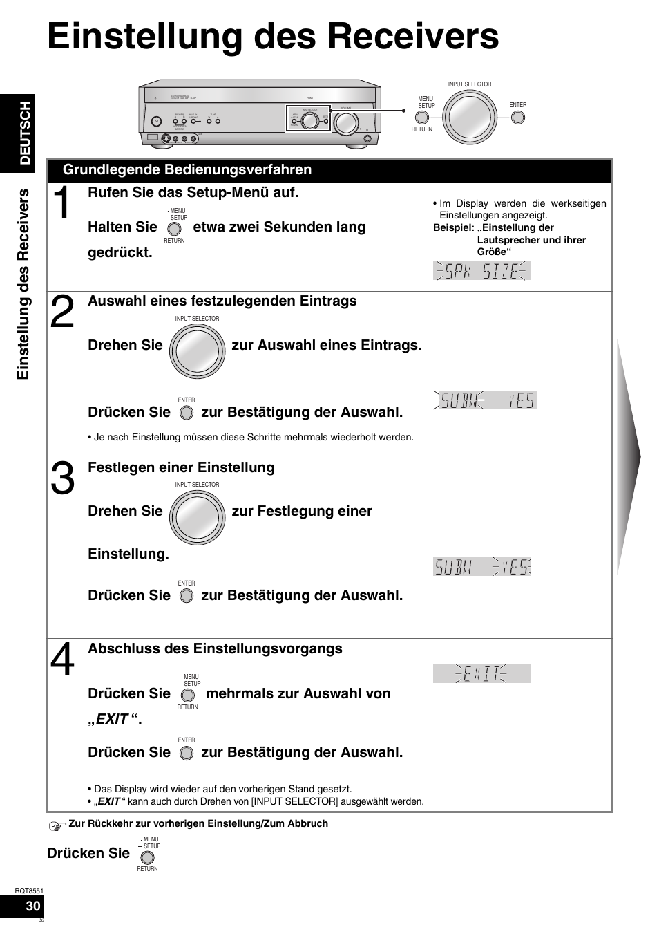 Einstellung des receivers, Drücken sie, Grundlegende bedienungsverfahren | Deutsch | Panasonic SAXR57 User Manual | Page 30 / 120