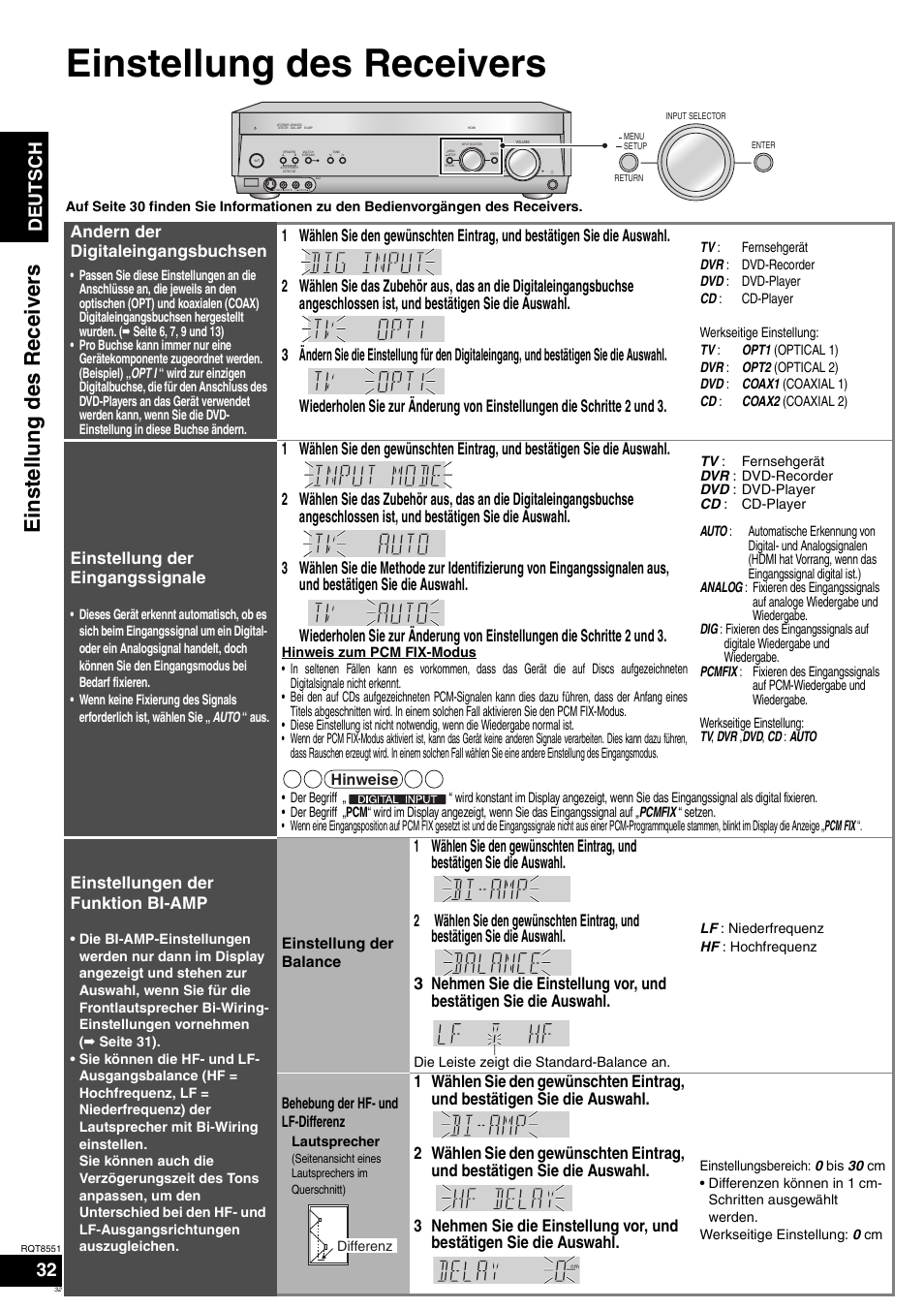 Einstellung des receivers, Deutsch, Ändern der digitaleingangsbuchsen | Einstellung der eingangssignale, Einstellungen der funktion bi-amp | Panasonic SAXR57 User Manual | Page 32 / 120