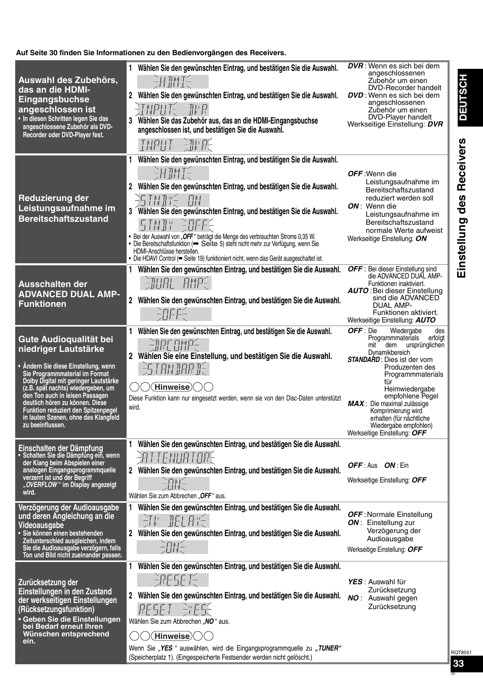 Einstellung des receivers, Vor de r inbetri ebna h, Deutsch | Panasonic SAXR57 User Manual | Page 33 / 120