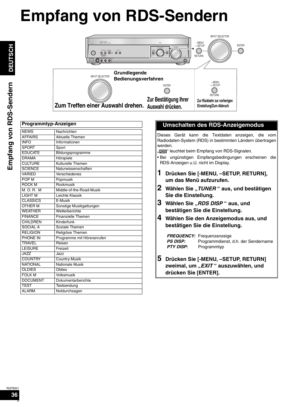 Empfang von rds-sendern, Em pfang von rds-send ern, Deutsch | Umschalten des rds-anzeigemodus | Panasonic SAXR57 User Manual | Page 36 / 120