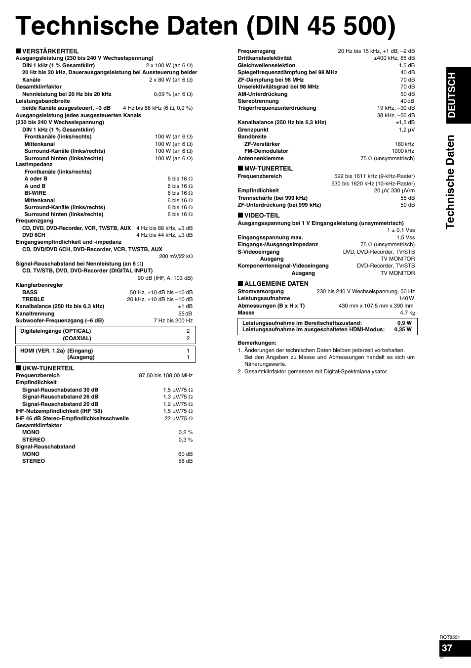 Techn ische daten, Vor de r inbetri ebna h, Deutsch | Panasonic SAXR57 User Manual | Page 37 / 120