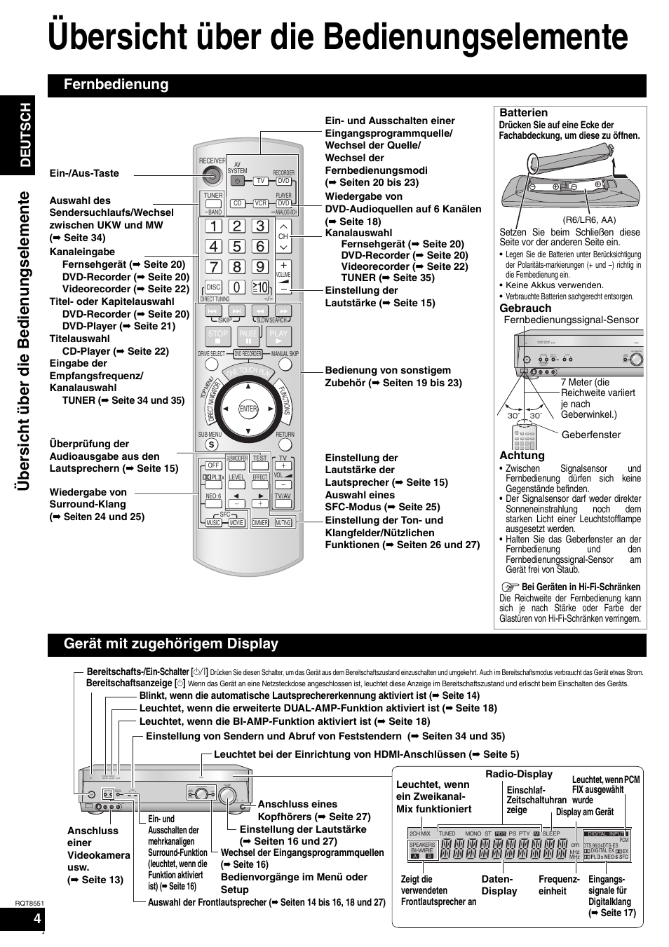 Übersicht über die bedienungselemente, Üb er si cht ü b er d ie bed ienun gse lem ente, Fernbedienung | Gerät mit zugehörigem display, Deutsch, Batterien, Gebrauch achtung | Panasonic SAXR57 User Manual | Page 4 / 120