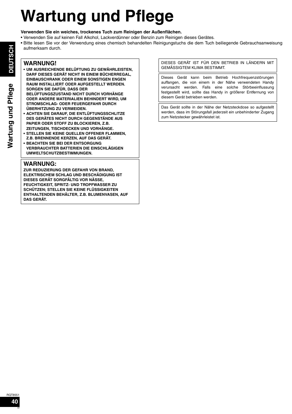 Wartung und pflege, Wartung un d pflege | Panasonic SAXR57 User Manual | Page 40 / 120