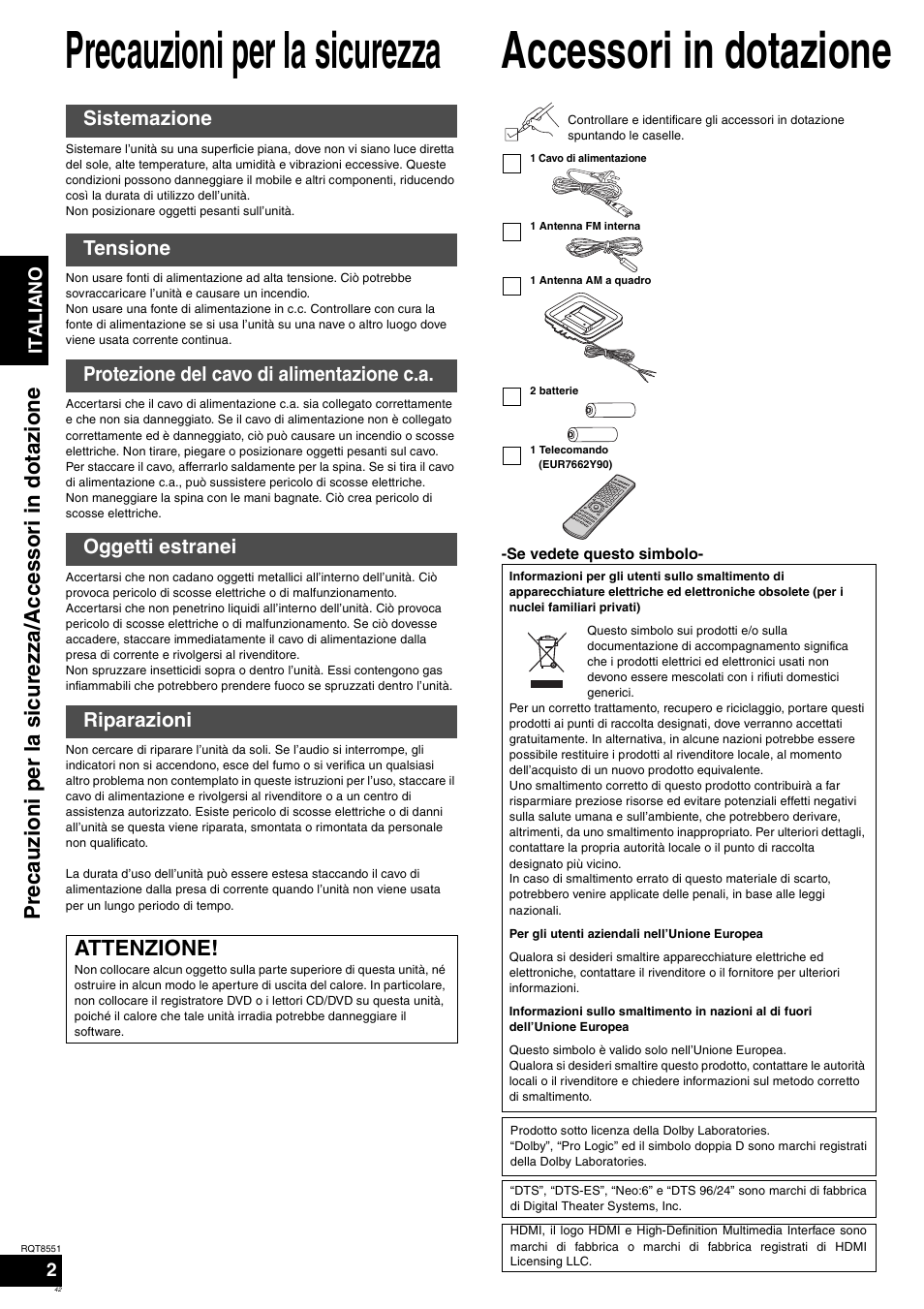 Precauzioni per la sicurezza, Accessori in dotazione, Attenzione | Panasonic SAXR57 User Manual | Page 42 / 120