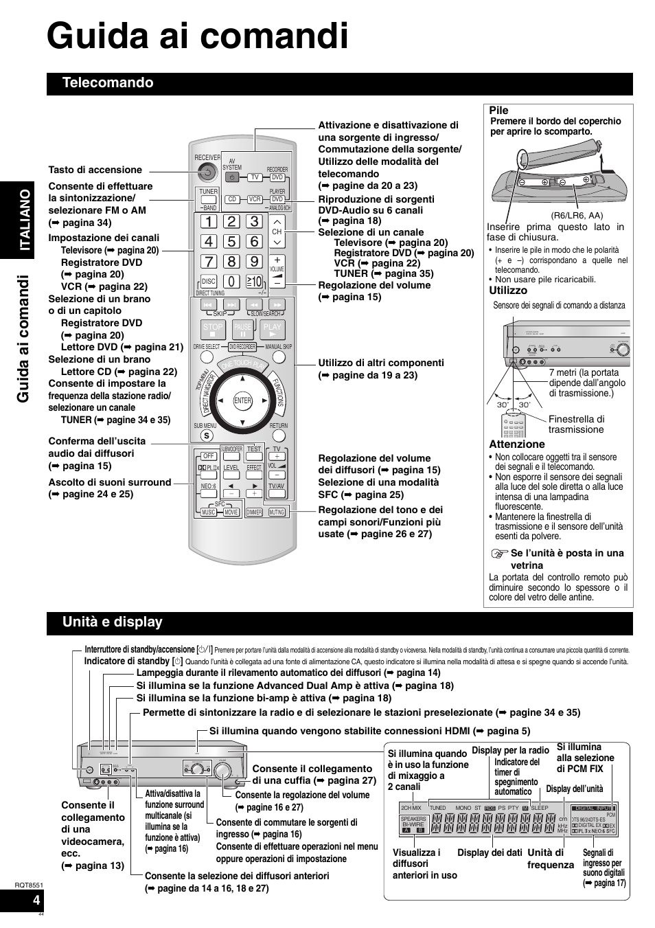 Guida ai comandi, Telecomando, Unità e display | Italiano, Pile, Utilizzo attenzione | Panasonic SAXR57 User Manual | Page 44 / 120