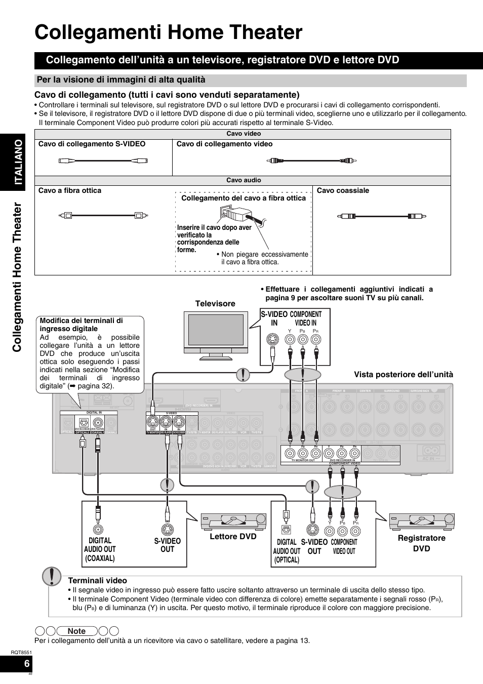 Collegamenti home theater, Col legam enti ho m e theate r, Italiano | Per la visione di immagini di alta qualità, Terminali video, Blu (p | Panasonic SAXR57 User Manual | Page 46 / 120