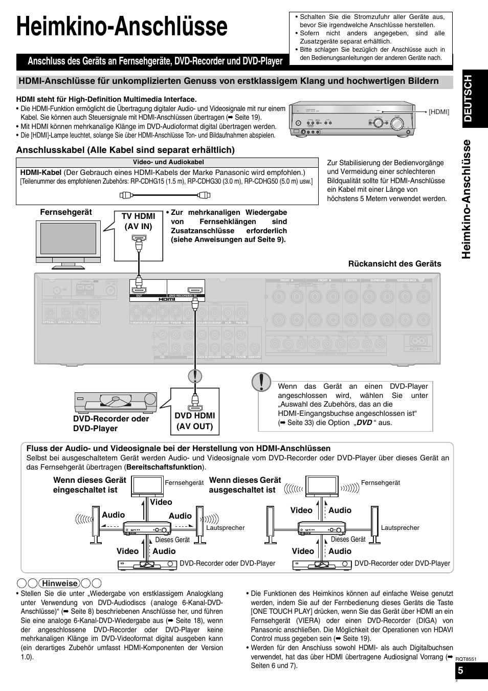 Heimkino-anschlüsse, Hei m ki n o -anschl ü ss e, Deutsch | Hinweise, Fernsehgerät, Audio video audio video audio video, S video in video in l audio in r, Dieses gerät dvd-recorder oder dvd-player | Panasonic SAXR57 User Manual | Page 5 / 120