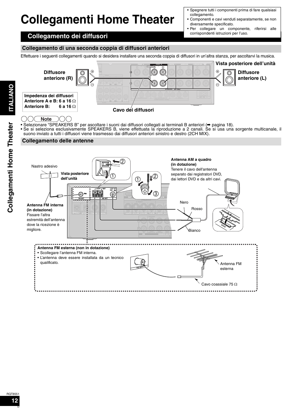 Collegamenti home theater, Col legam enti ho m e theate r, Collegamento dei diffusori | Italiano, Collegamento delle antenne | Panasonic SAXR57 User Manual | Page 52 / 120