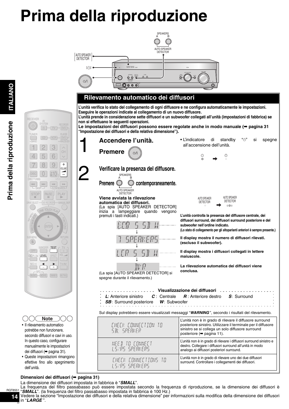 Prima della riproduzione, Rilevamento automatico dei diffusori, Accendere l’unità. premere | Italiano | Panasonic SAXR57 User Manual | Page 54 / 120