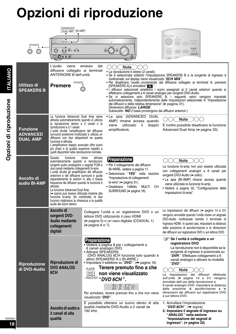 Opzioni di riproduzione, Premere, Italiano | Utilizzo di speakers b, Funzione advanced dual amp, Ascolto di audio bi-amp, Riproduzione di dvd analog 6ch, Ascolto di audio a 2 canali di alta qualità | Panasonic SAXR57 User Manual | Page 58 / 120