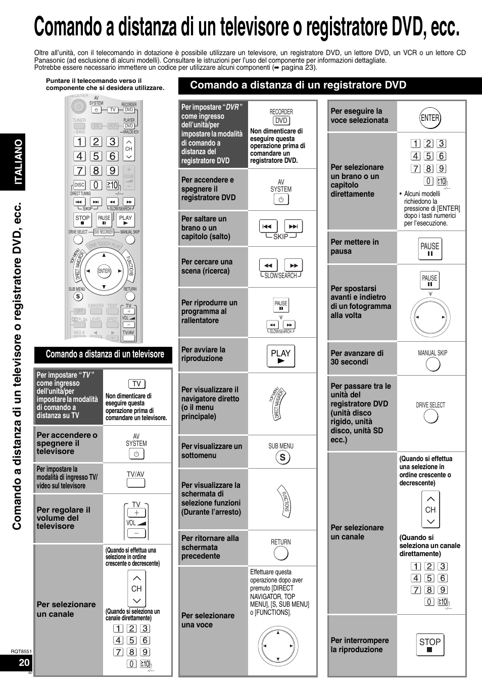 Comando a distanza di un televisore, Comando a distanza di un registratore dvd, Italiano | Play, Enter, Pause, Stop | Panasonic SAXR57 User Manual | Page 60 / 120