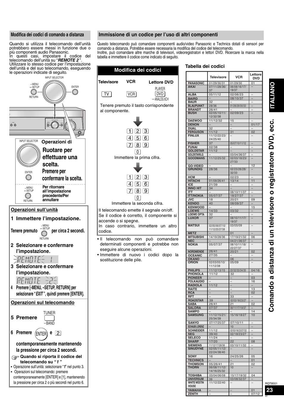 Italiano, Modifica dei codici di comando a distanza, Enter | Modifica dei codici, Operazioni di, Operazioni sull’unità, Operazioni sul telecomando, Tabella dei codici | Panasonic SAXR57 User Manual | Page 63 / 120