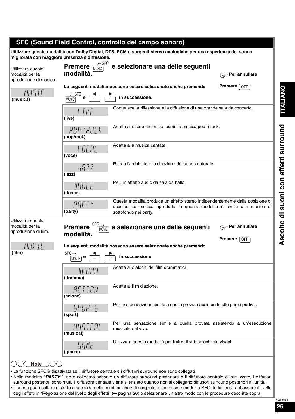 Ascolto di suon i con effe tti surr ound, Premere e selezionare una delle seguenti modalità, Italiano | Panasonic SAXR57 User Manual | Page 65 / 120