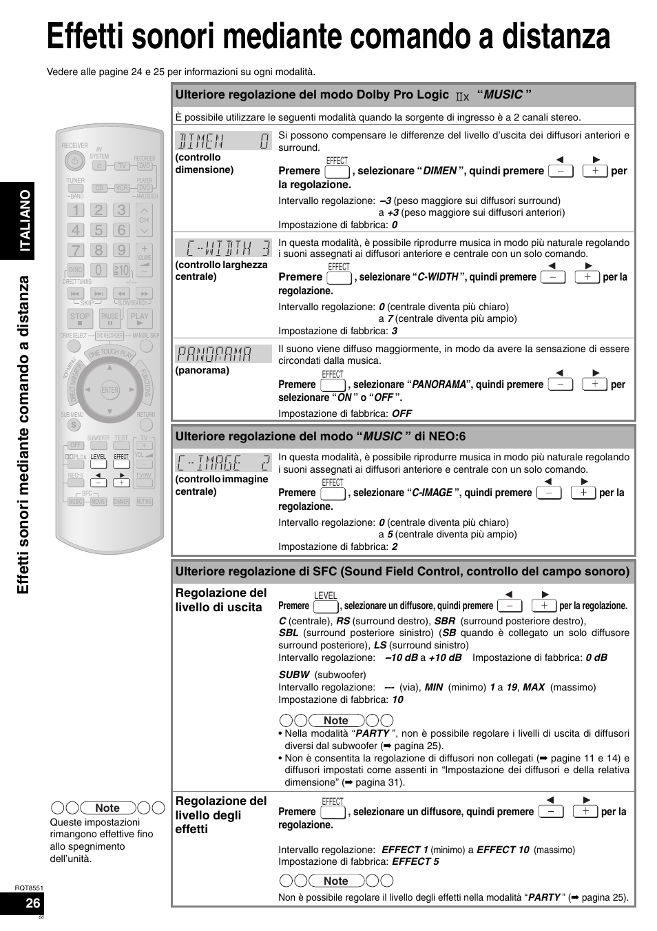 Effetti sonori mediante comando a distanza, Effet ti sono ri m ed iante com ando a di st an za, Italiano | Panasonic SAXR57 User Manual | Page 66 / 120