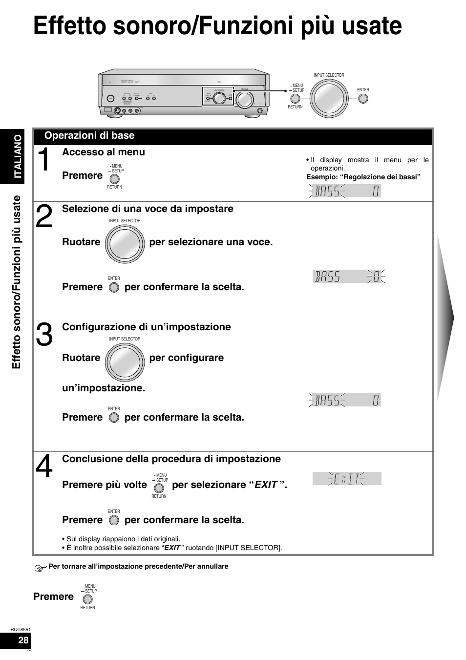 Effetto sonoro/funzioni più usate, Premere, Operazioni di base | Accesso al menu premere | Panasonic SAXR57 User Manual | Page 68 / 120