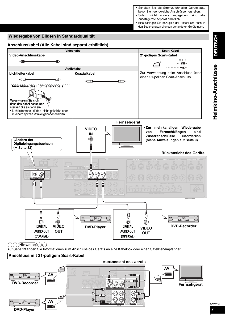 Hei m ki n o -anschl ü ss e, Deutsch, Wiedergabe von bildern in standardqualität | Anschluss mit 21-poligem scart-kabel, Hinweise, Dvd-recorder dvd-player fernsehgerät, Ändern der digitaleingangsbuchsen“ ( á seite 32), Videokabel scart-kabel, Audiokabel | Panasonic SAXR57 User Manual | Page 7 / 120