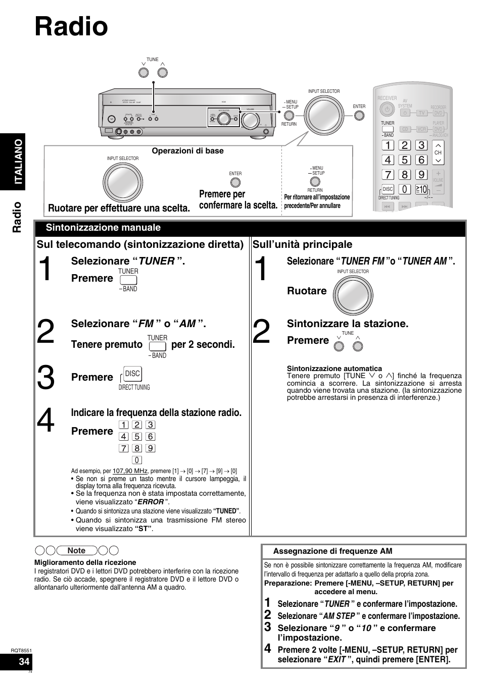 Radio, Selezionare “ tuner ”. premere, Selezionare “ tuner fm ”o “ tuner am ”. ruotare | Sintonizzare la stazione. premere, Premere, Italiano, Sintonizzazione manuale | Panasonic SAXR57 User Manual | Page 74 / 120