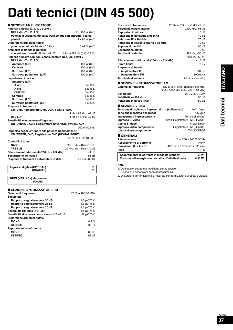 Dat i tecni ci, Italiano | Panasonic SAXR57 User Manual | Page 77 / 120