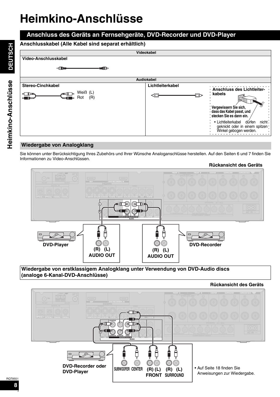 Heimkino-anschlüsse, Hei m ki n o -anschl ü ss e, Deutsch | Wiedergabe von analogklang, Video-anschlusskabel, Auf seite 18 finden sie anweisungen zur wiedergabe, Videokabel, Audiokabel | Panasonic SAXR57 User Manual | Page 8 / 120