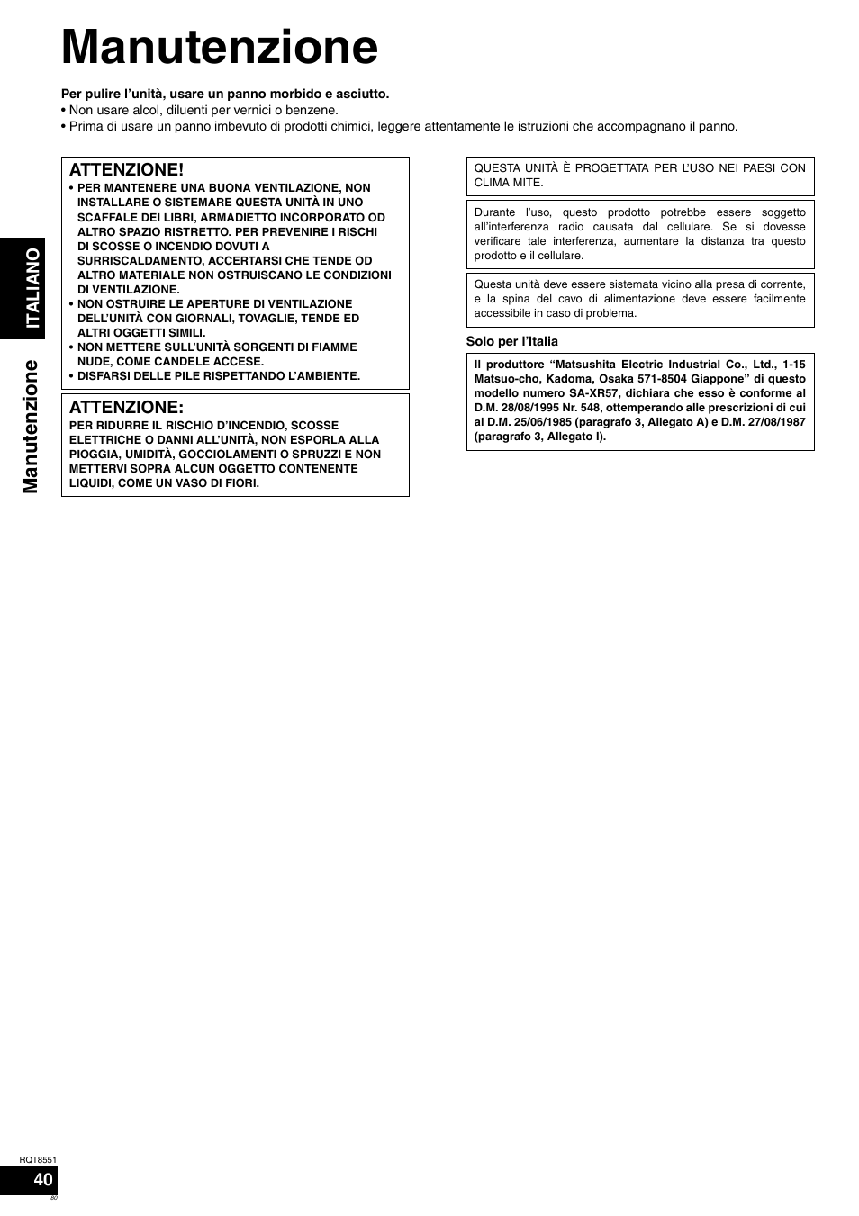 Manutenzione, Manu te n zi o ne | Panasonic SAXR57 User Manual | Page 80 / 120