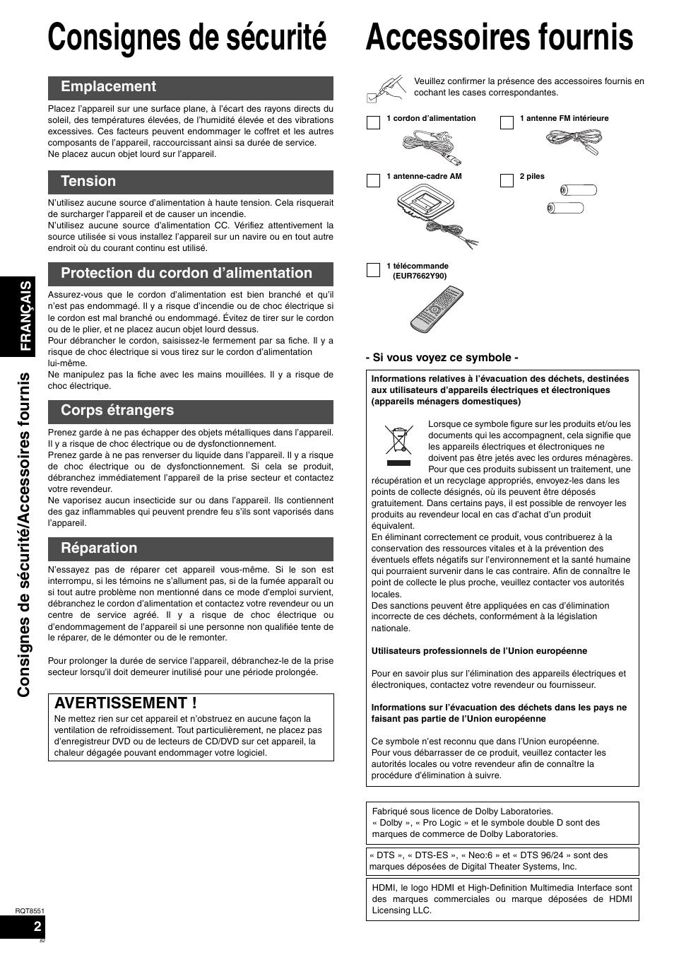 Consignes de sécurité, Accessoires fournis, Avertissement | Con si gnes de sécur it é/acc essoir es fourni s | Panasonic SAXR57 User Manual | Page 82 / 120