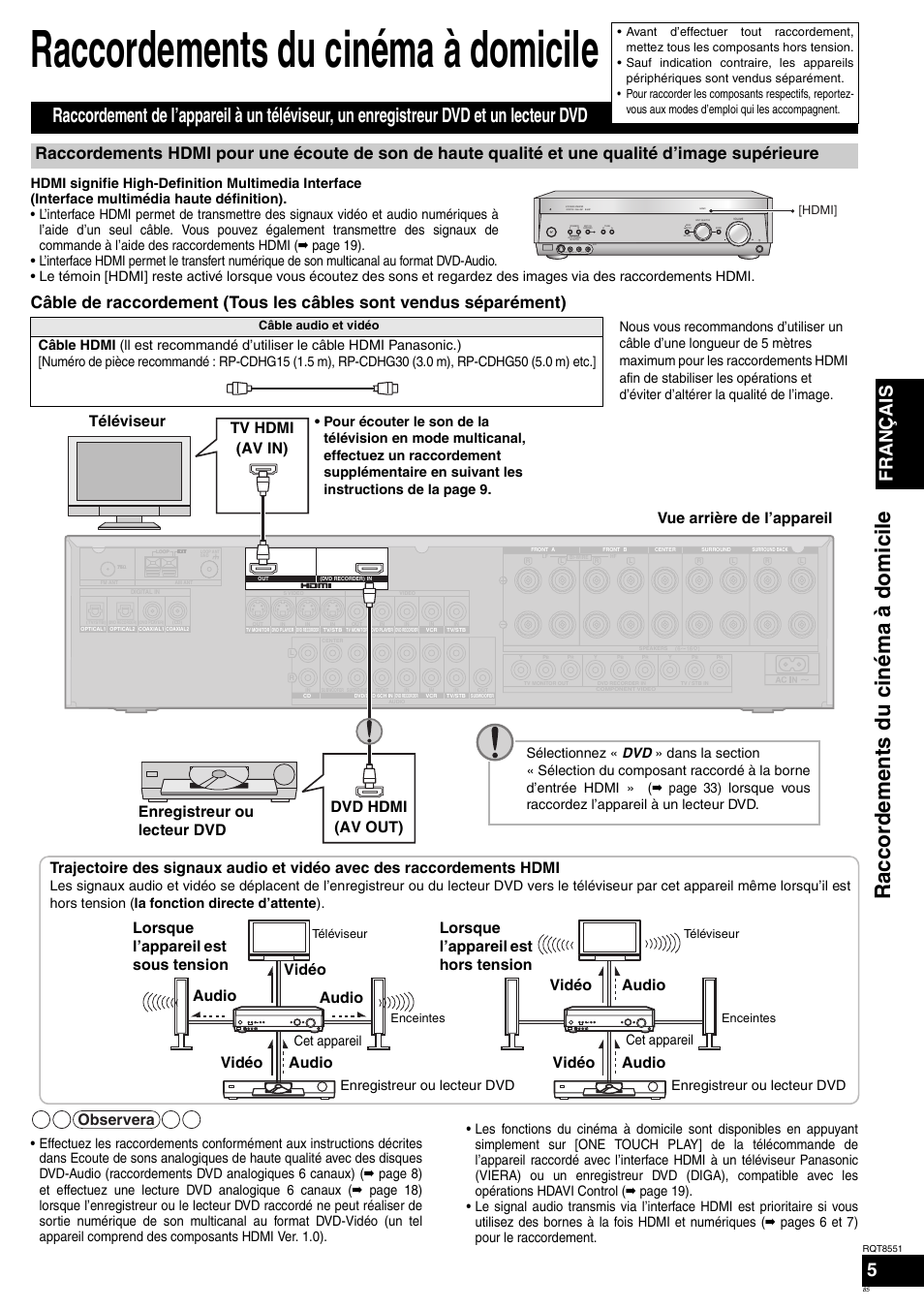 Raccordements du cinéma à domicile, Rac co rdem en ts du ciném a à do mi cile, Français | Observera, Téléviseur, Audio vidéo audio vidéo audio vidéo, S video in video in l audio in r, Cet appareil enregistreur ou lecteur dvd | Panasonic SAXR57 User Manual | Page 85 / 120