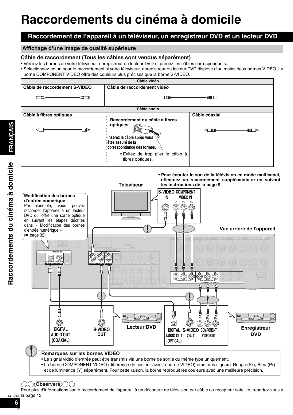 Raccordements du cinéma à domicile, Rac co rdem en ts du ciném a à do mi cile, Français | Affichage d’une image de qualité supérieure, Observera, Remarques sur les bornes video, Bleu (p | Panasonic SAXR57 User Manual | Page 86 / 120
