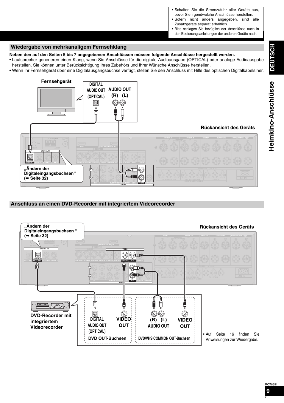Hei m ki n o -anschl ü ss e, Deutsch, Wiedergabe von mehrkanaligem fernsehklang | Rückansicht des geräts, Dvd-recorder mit integriertem videorecorder, Digital audio out (optical) video out video out, R) (l) audio out, Ändern der digitaleingangsbuchsen“ ( á seite 32), Ändern der digitaleingangsbuchsen “ ( á seite 32), Dvd out-buchsen dvd/vhs common out-buchsen | Panasonic SAXR57 User Manual | Page 9 / 120