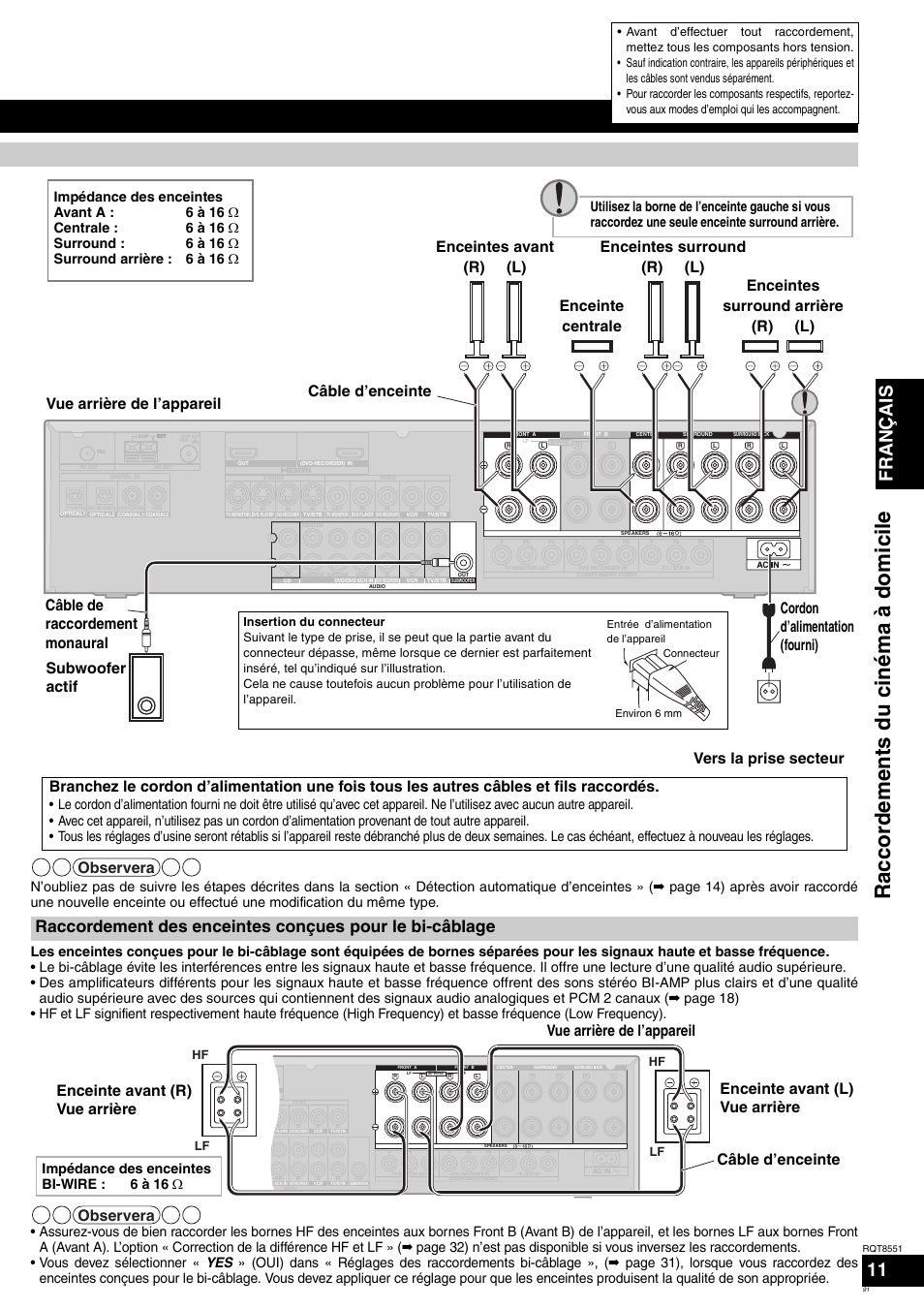 Rac co rdem en ts du ciném a à do mi cile, Français, Observera | Câble d’enceinte, Impédance des enceintes bi-wire : 6 à 16 ω, Hf lf lf | Panasonic SAXR57 User Manual | Page 91 / 120