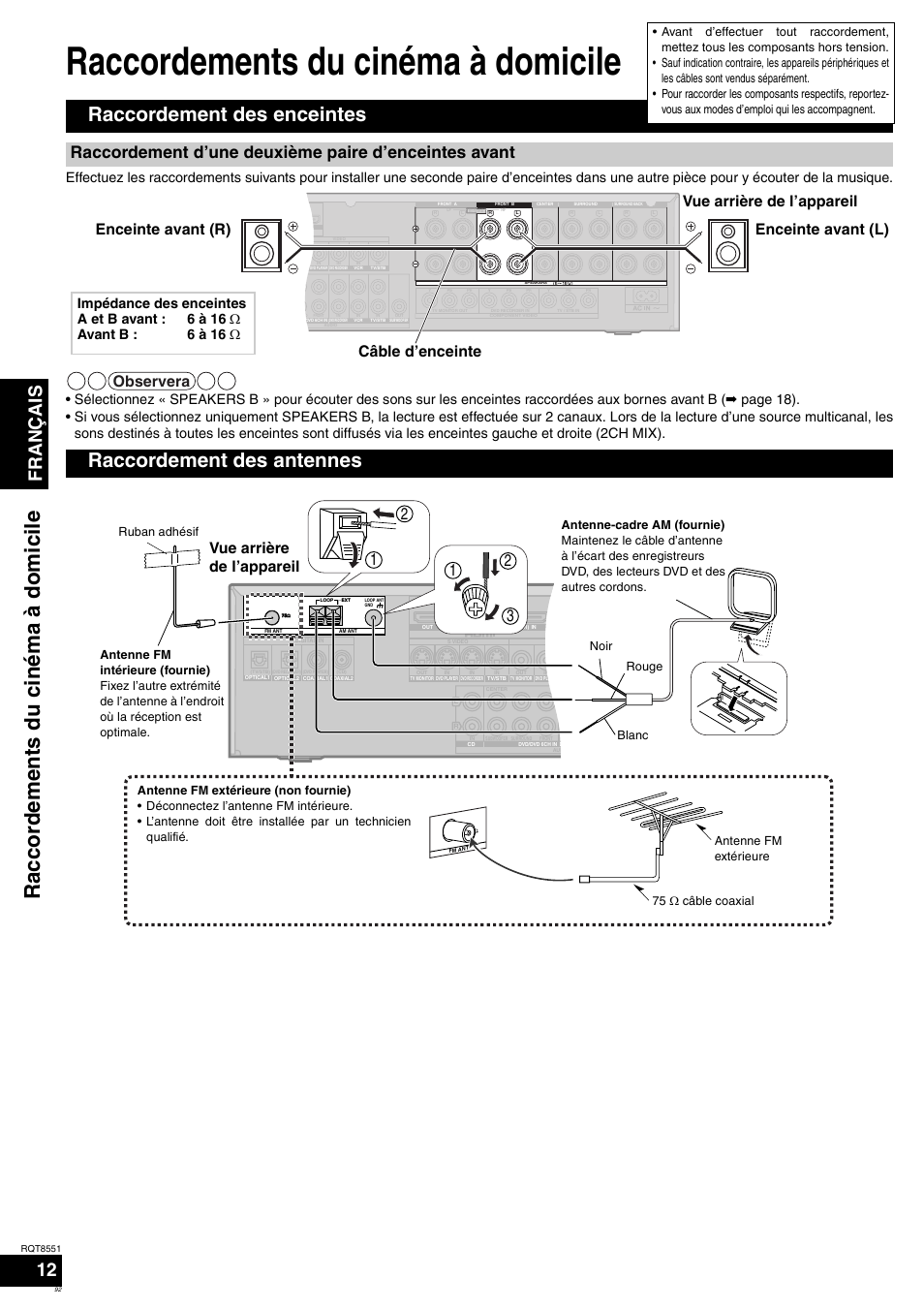 Raccordements du cinéma à domicile, Rac co rdem en ts du ciném a à do mi cile, Raccordement des enceintes | Raccordement des antennes, Français, Observera, Vue arrière de l’appareil | Panasonic SAXR57 User Manual | Page 92 / 120