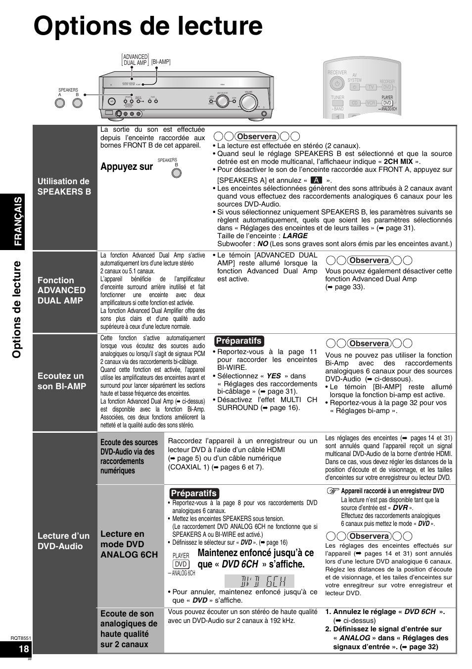 Options de lecture, Op ti ons d e lecture, Appuyez sur | Français, Utilisation de speakers b, Fonction advanced dual amp, Ecoutez un son bi-amp, Lecture en mode dvd analog 6ch, Préparatifs | Panasonic SAXR57 User Manual | Page 98 / 120